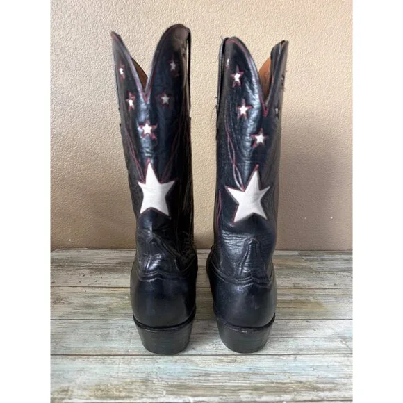 Lucchese Classics Star Inlay Cowboy Boots Black Leather USA Vintage 10.5 w/FLAW